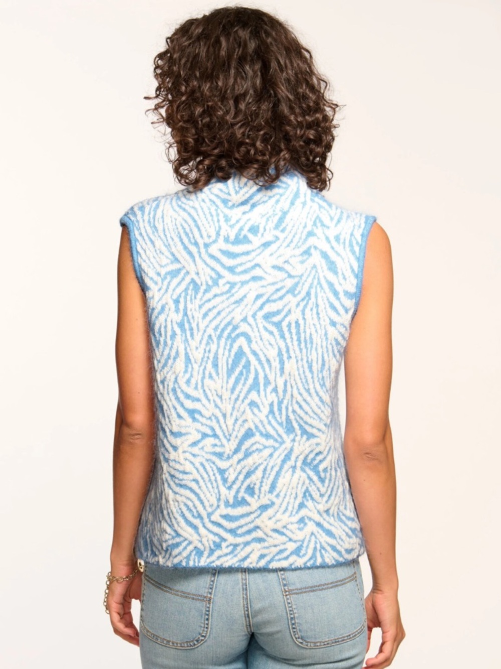 Ramy Brook NEW Animal Jacquard Sweater Vest MEDIUM Wool Alpaca Blue Mock Neck - Picture 7 of 11